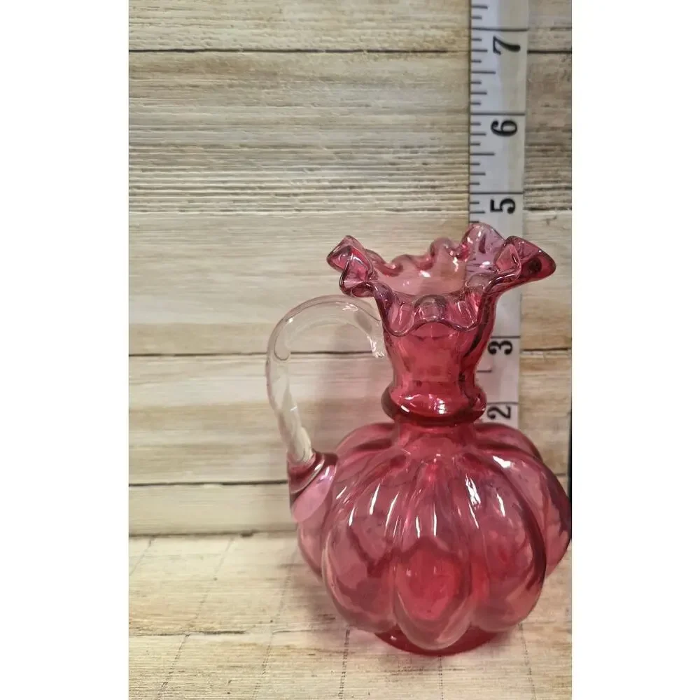 Fenton Cranberry Melon Optic Mini Pitcher Ruffled Rim Applied Clear Handle Vase